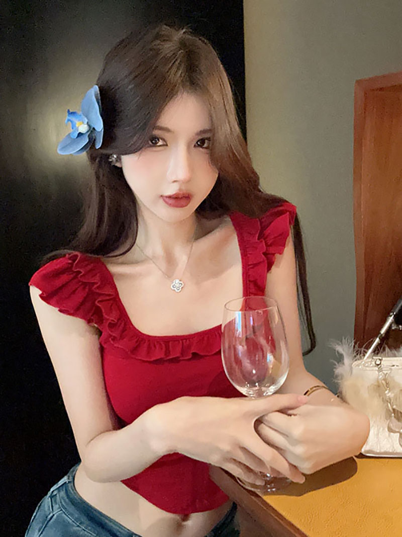 MY10556# 辣妹小飞袖方领上衣女荷叶边修身短T恤女裝貨源服裝批發