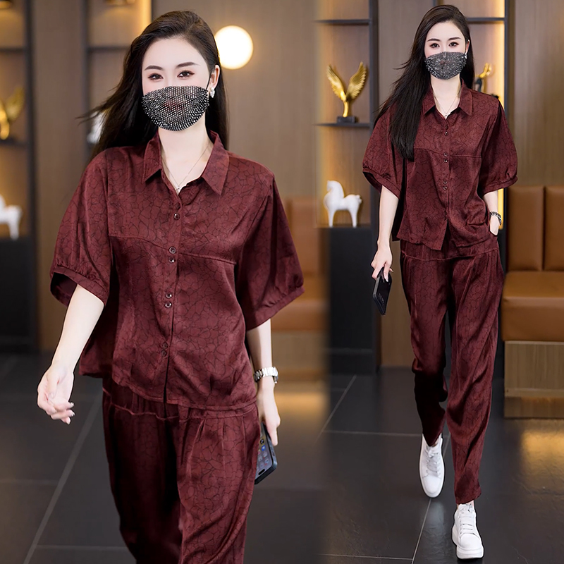 MY12292# 新大码套装夏款高端女装时尚减龄洋气遮肉修身休闲两件套女裝貨源服裝批發