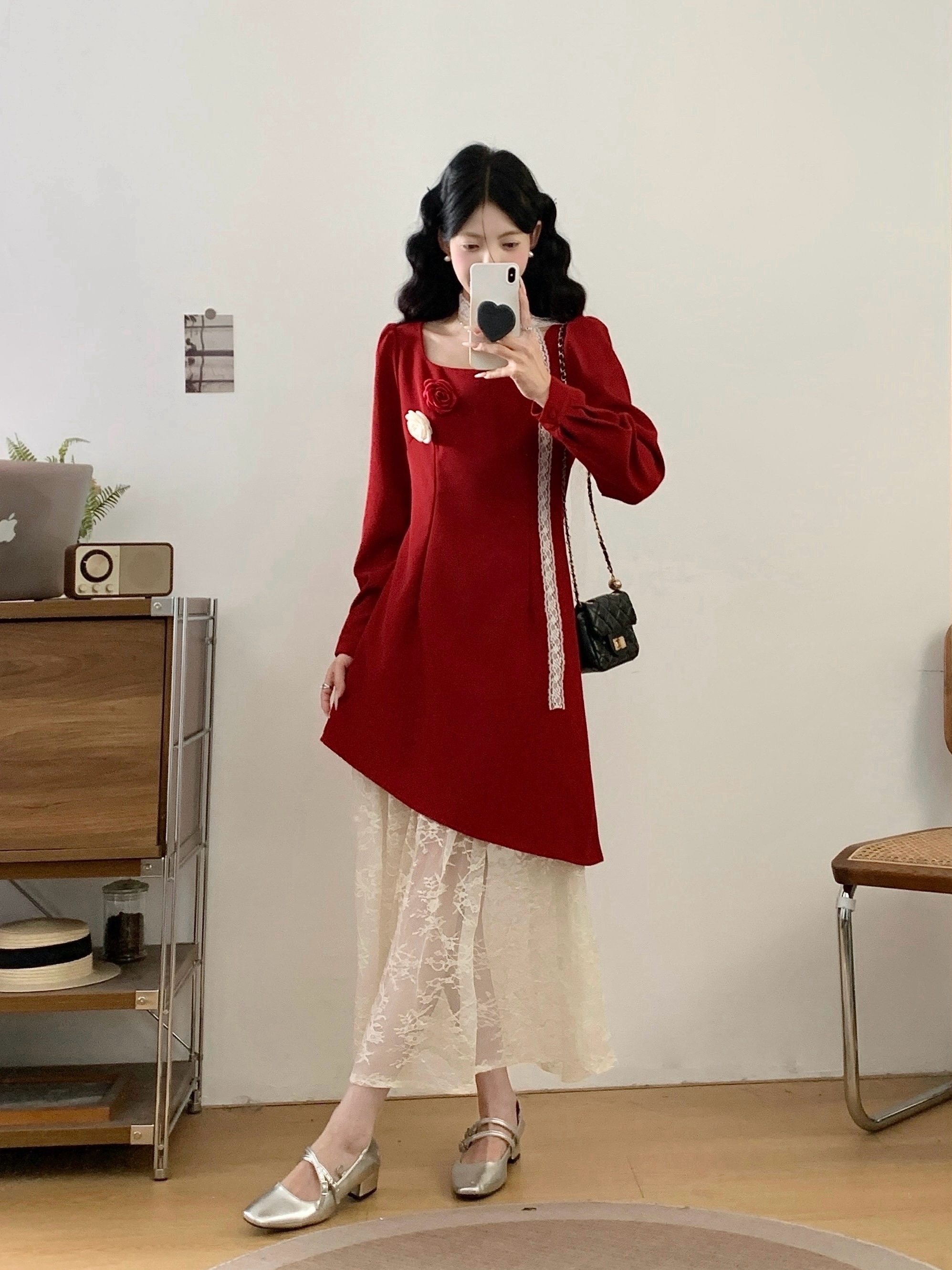 MY13598# 方领撞色蕾丝长裙新款假两件连衣裙子女裝貨源服裝批發