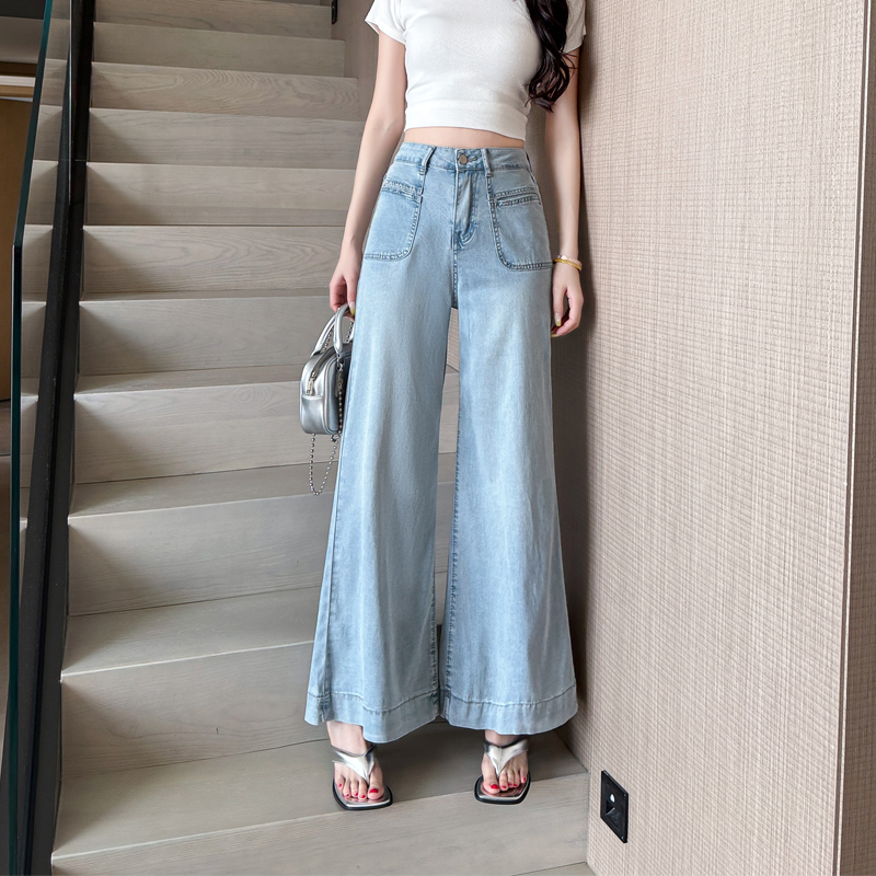 MY12177# 夏季新款小个子牛仔阔腿裤女高腰时尚薄款显高九分喇叭裤女裝...
