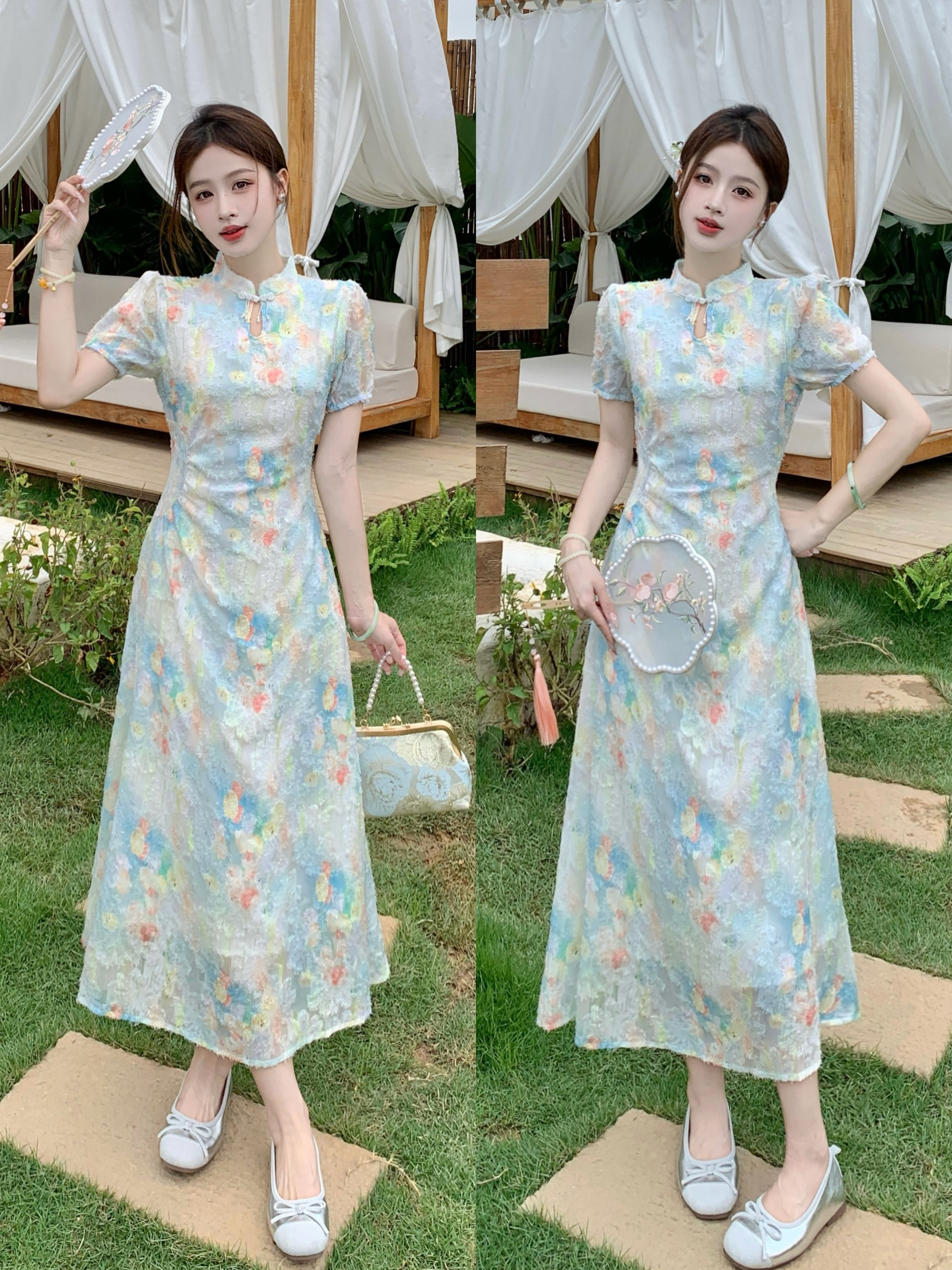 MY9212# 大码旗开得胜夏季茶歇新中式改良旗袍碎花连衣裙气质收腰显瘦裙子女裝貨源服裝批發