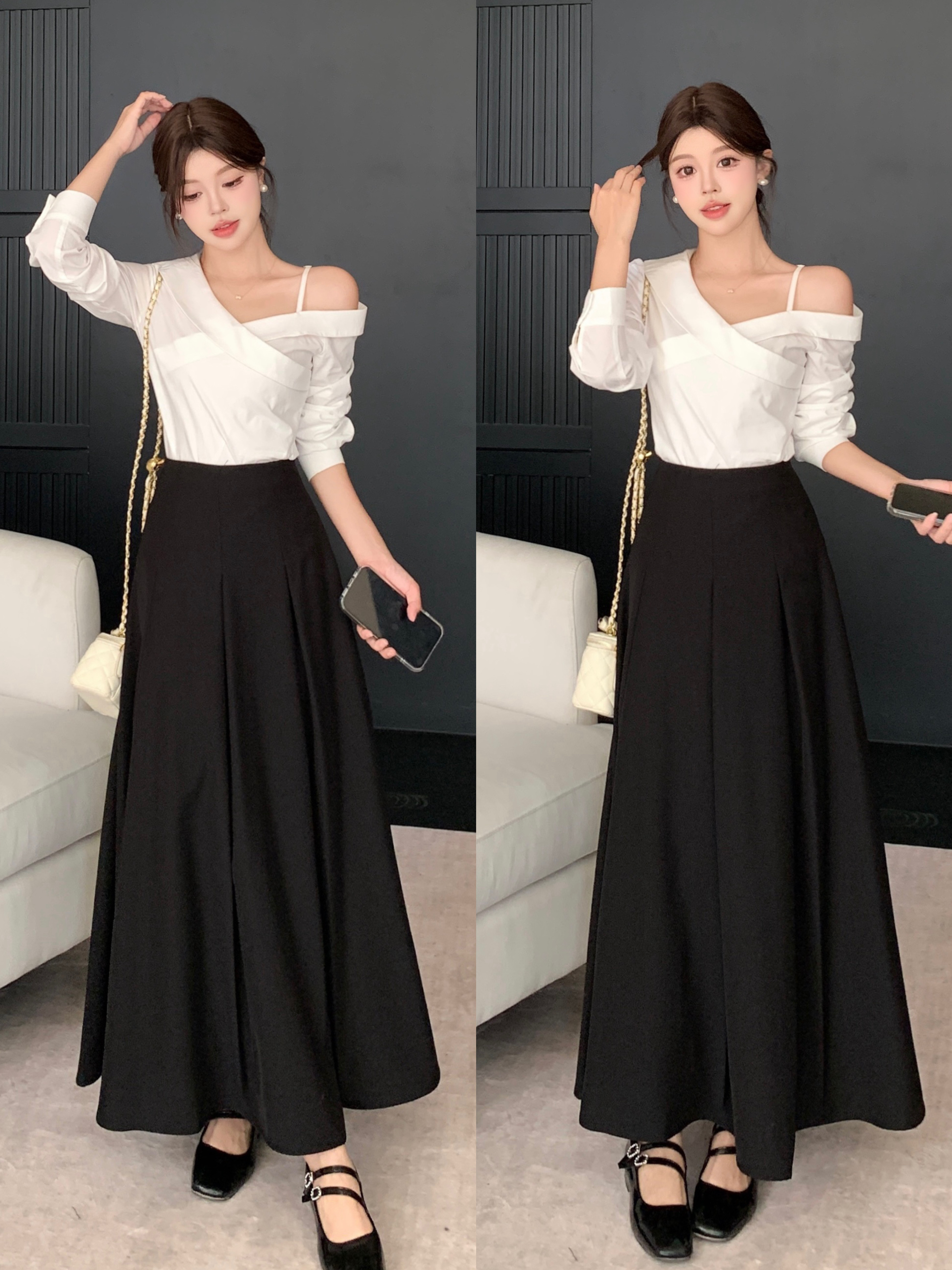 MY13833# 女裝貨源大码许我耀眼露思同款韩系气质修身露肩白衬衫黑色高...