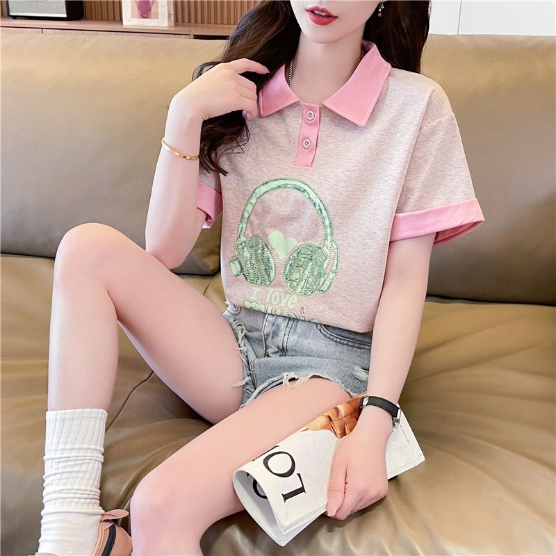 MY9375# 小众短袖t恤女夏季新款学生设计感拼接polo领上衣女裝貨源服裝批發