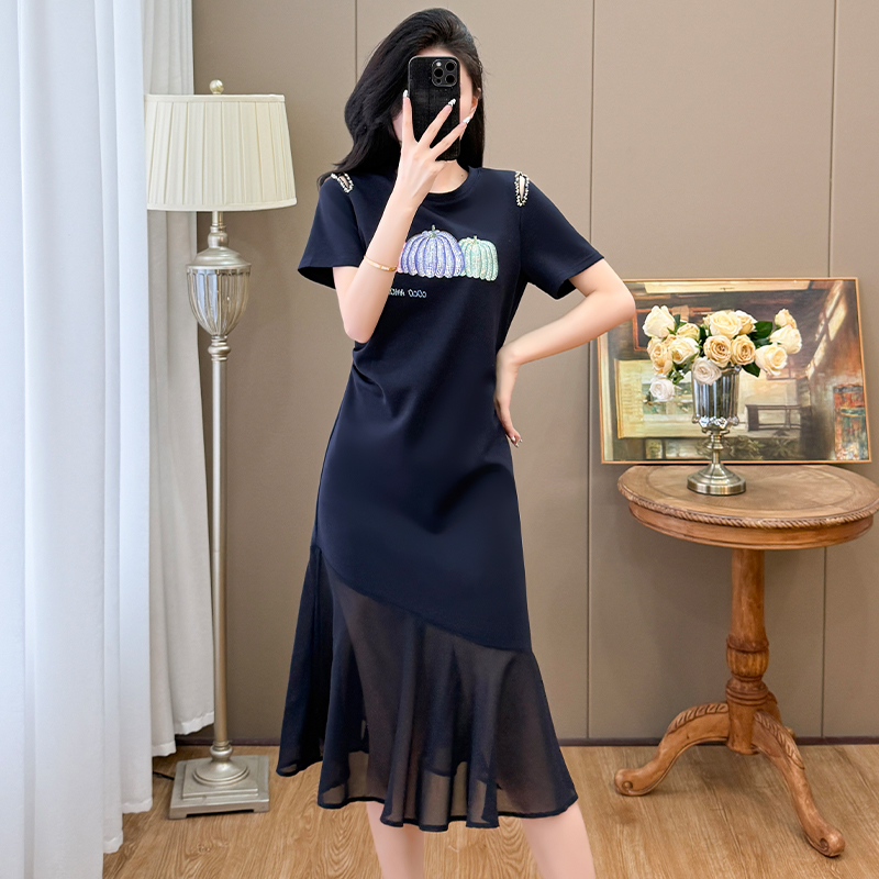 MY12465#夏季新款时尚轻奢亮钻钉珠雪纺拼接连衣裙女裝貨源服裝批發