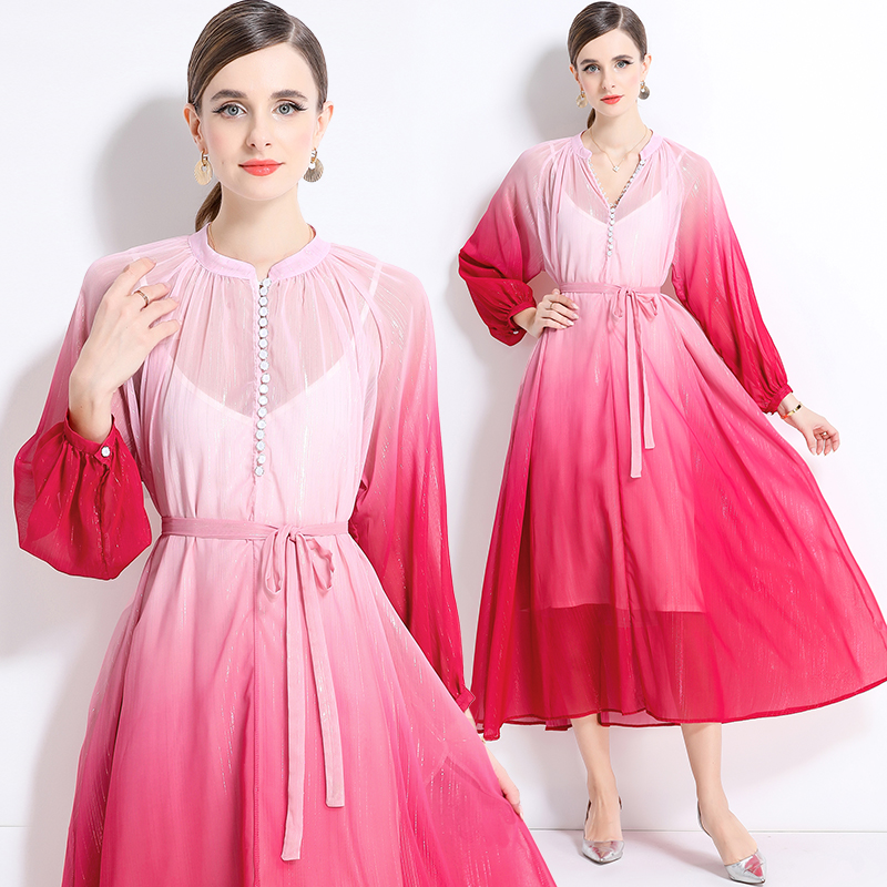 MY17513# 女装新款度假风渐变色宽松系带两件套连衣裙长裙女裝貨源服裝...