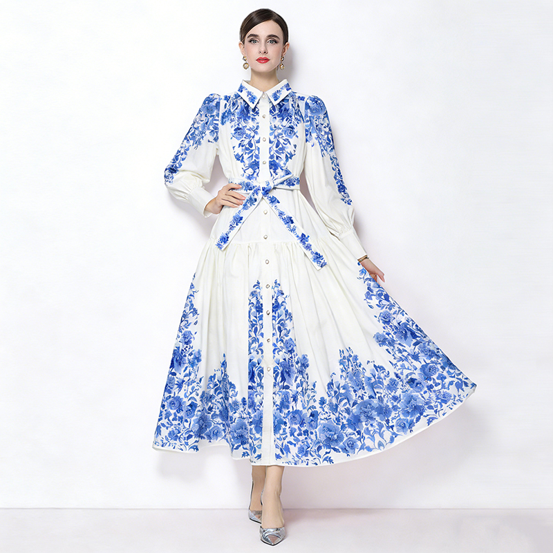 MY17511# 新款复古棉麻翻领灯笼袖印花连衣裙长裙女裝貨源服裝批發