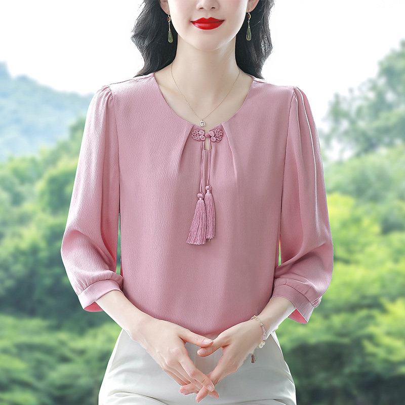 MY7202# 2025夏季新款洋气缎面小衫七分袖流苏盘扣雪纺衫上衣