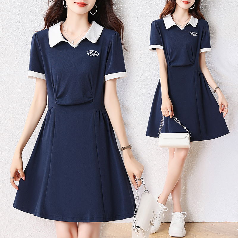 MY9041# 大码撞色polo领连衣裙女夏季新款胖MM收腰显瘦a字裙女裝貨源服裝批發