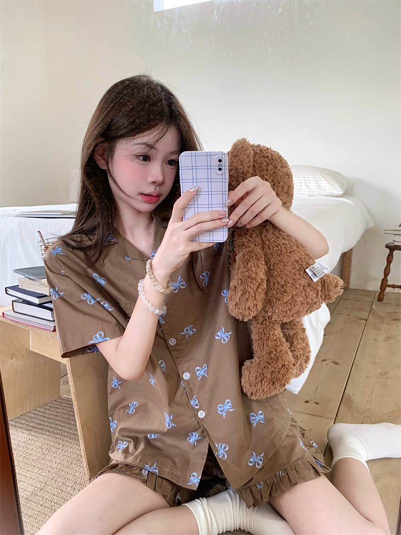 FA32686# 复古美拉德蝴蝶结甜美荷叶边家居服睡衣套装 服裝批發女裝批發服飾貨源