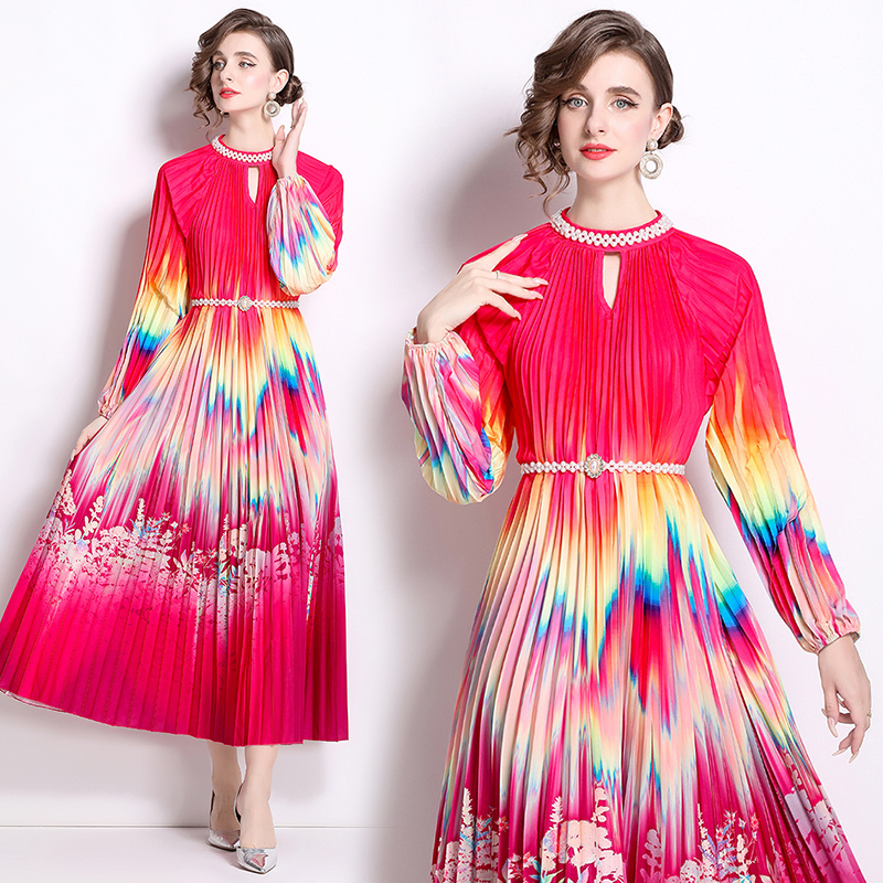 MY16262# 高端钉珠定位印花压褶珍珠扣百褶长裙女裝貨源服裝批發