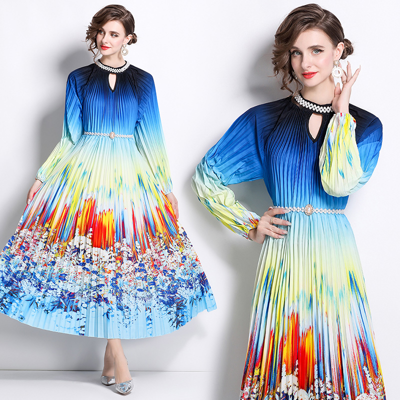 MY16261# 高端钉珠定位印花压褶珍珠扣百褶长裙女裝貨源服裝批發