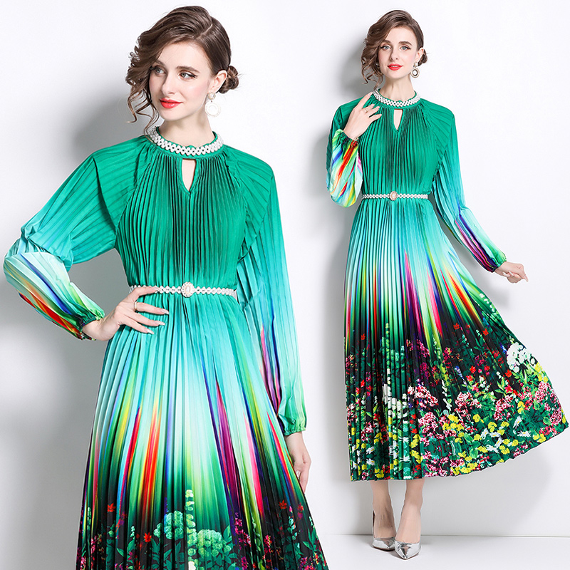 MY16260# 高端钉珠定位印花压褶珍珠扣百褶长裙女裝貨源服裝批發