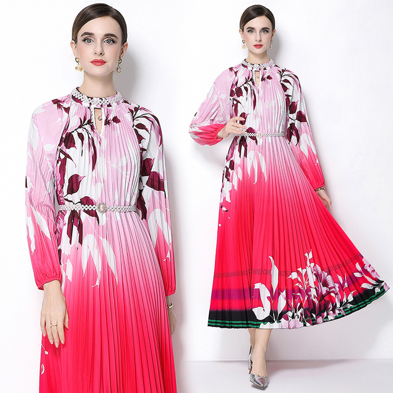 MY16257# 高端钉珠定位印花压褶珍珠扣百褶长裙女裝貨源服裝批發