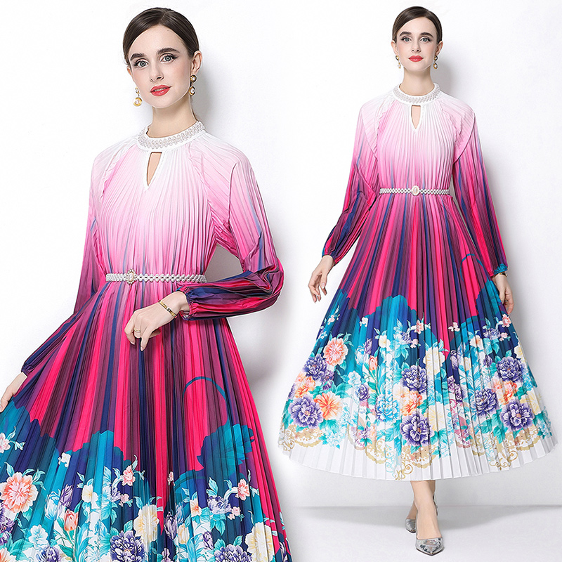 MY16258# 高端钉珠定位印花压褶珍珠扣百褶长裙女裝貨源服裝批發