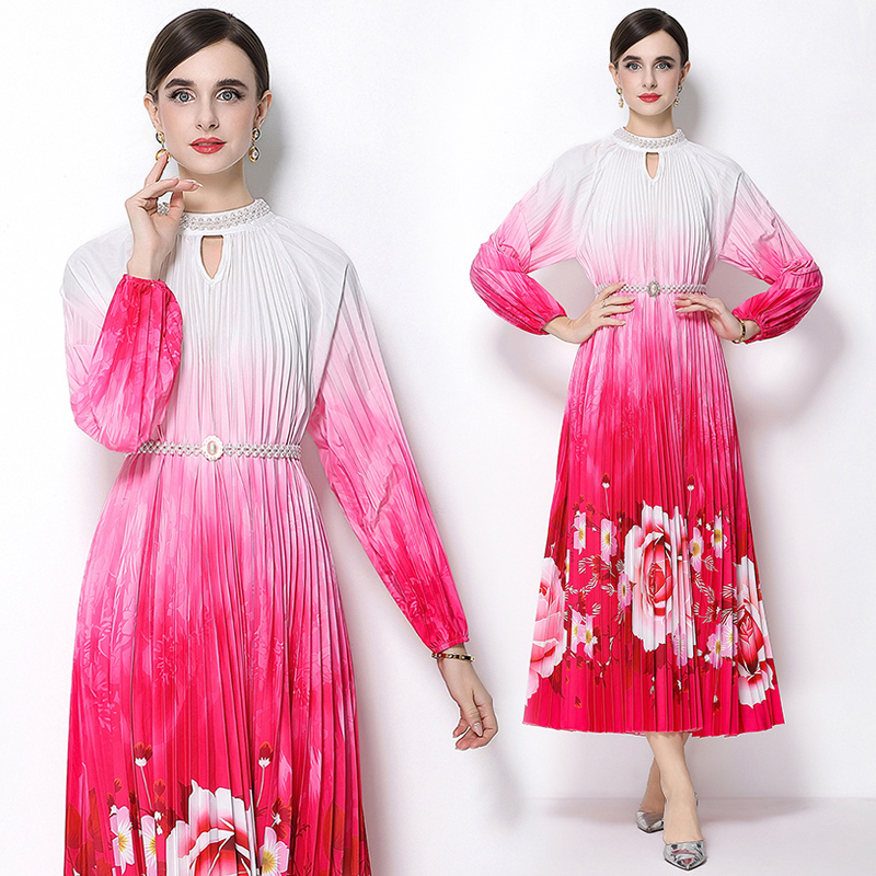 MY16256# 高端钉珠定位印花压褶珍珠扣百褶长裙女裝貨源服裝批發