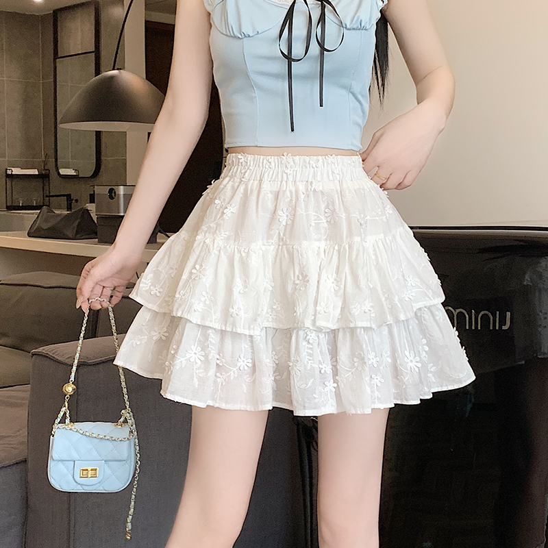 實拍立體小花朵半身裙2024年夏法式甜美高腰短裙雙層蛋糕裙蓬蓬裙