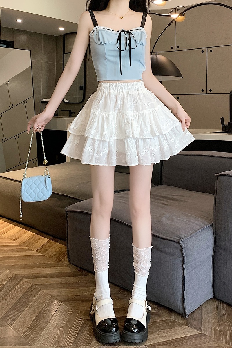 實拍立體小花朵半身裙2024年夏法式甜美高腰短裙雙層蛋糕裙蓬蓬裙
