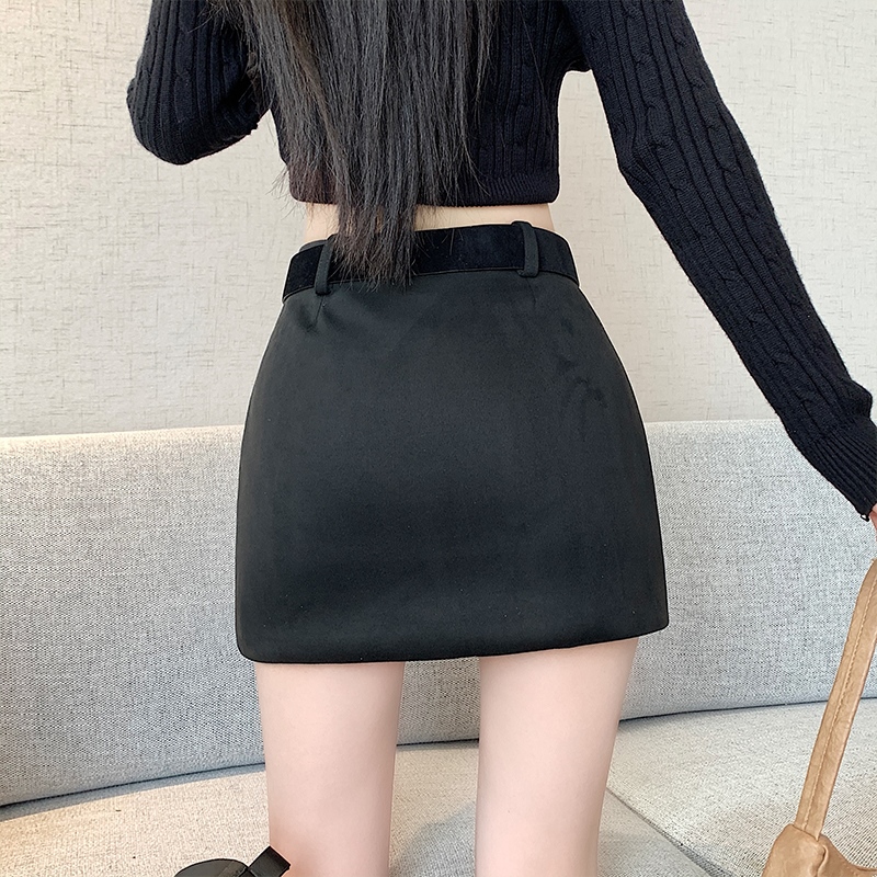 實拍復古辣妹麂皮絨半身裙女2025秋冬新款高腰修身a字包臀短裙