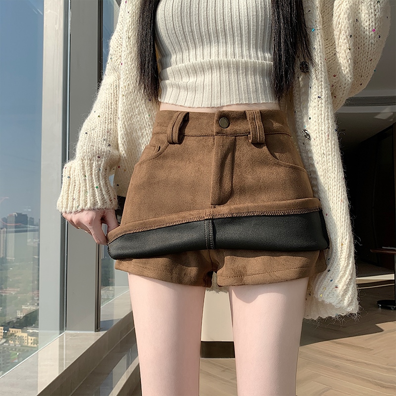 實拍美式復古辣妹鹿皮絨褲裙2025秋冬高腰防走光A字半身裙包臀裙