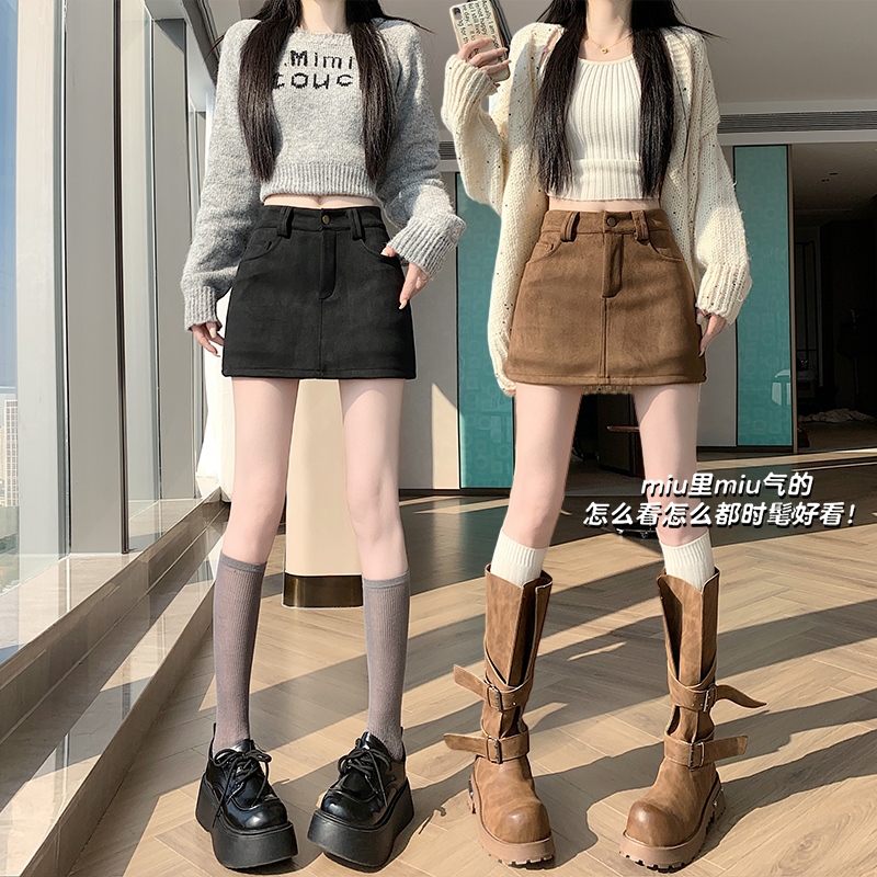 實拍美式復古辣妹鹿皮絨褲裙2025秋冬高腰防走光A字半身裙包臀裙