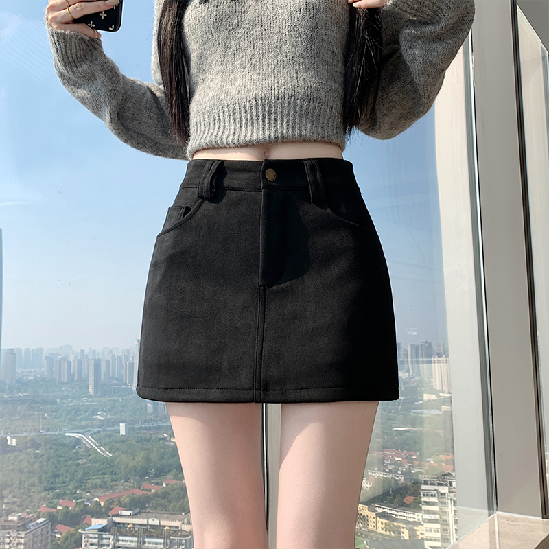 實拍美式復古辣妹鹿皮絨褲裙2025秋冬高腰防走光A字半身裙包臀裙
