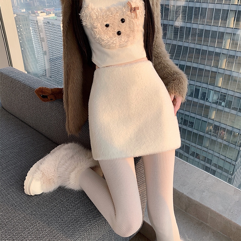 實拍毛絨絨加厚小香風辣妹短裙女2025秋冬高腰百搭A字包臀短裙