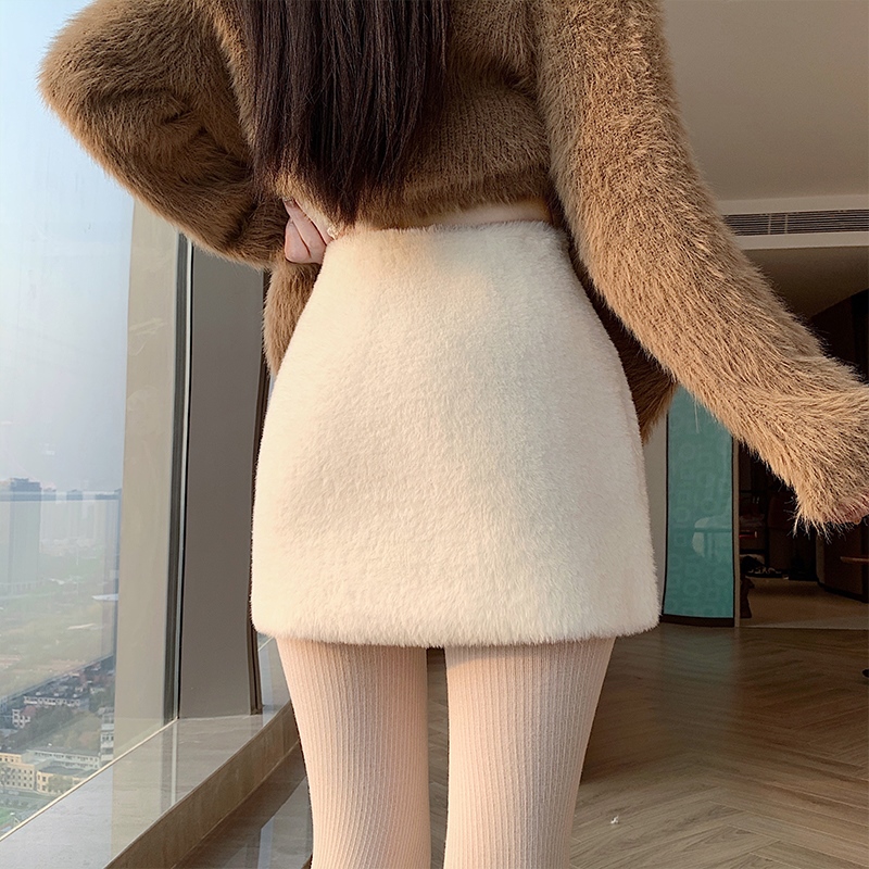 實拍毛絨絨加厚小香風辣妹短裙女2025秋冬高腰百搭A字包臀短裙