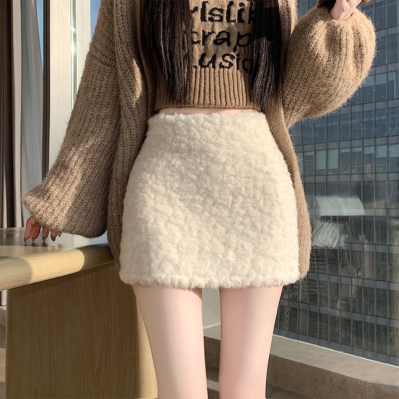 實拍毛絨絨加厚小香風辣妹短裙女2025秋冬高腰百搭A字包臀短裙