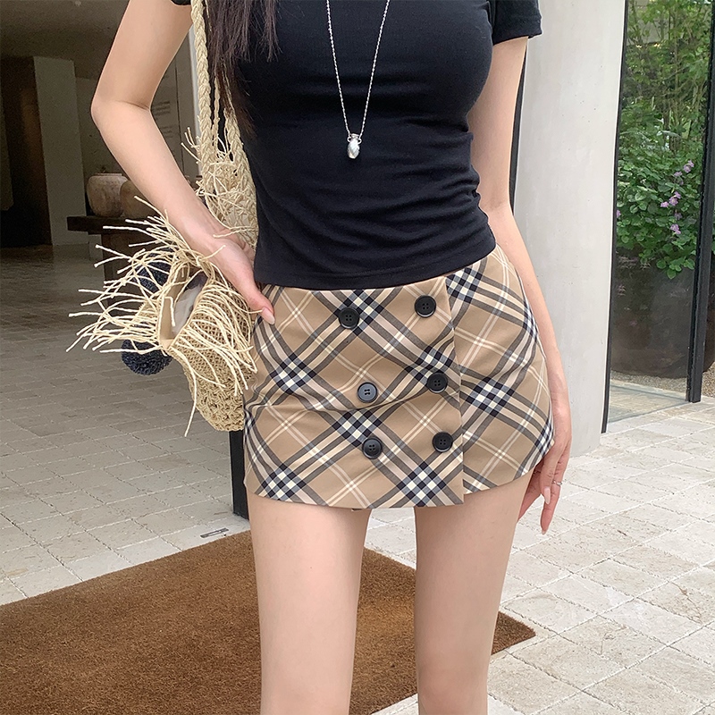 實拍甜酷辣妹卡其色格子半身裙2026女夏季中低腰短裙辣妹包臀褲裙