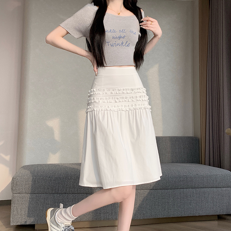 RY634# 实拍春夏新款时尚百搭高腰木耳边中裙修身显瘦