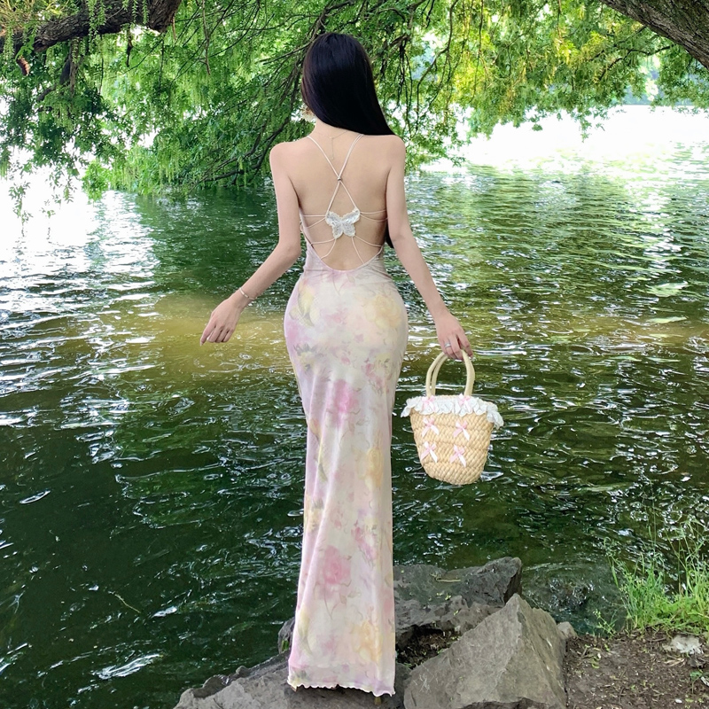 荼蘼花事 碎花吊帶連衣裙女收腰露背v領包臀魚尾長裙