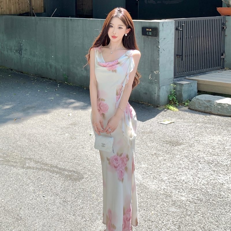 玉夏冰瑰溫柔純欲斜裁*蕩領修身性感顯瘦夏季連衣裙