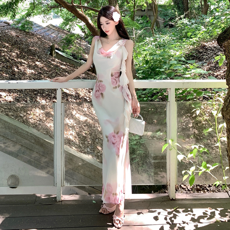 玉夏冰瑰溫柔純欲斜裁*蕩領修身性感顯瘦夏季連衣裙