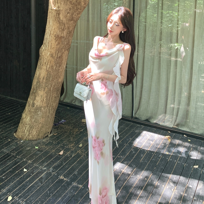 玉夏冰瑰溫柔純欲斜裁*蕩領修身性感顯瘦夏季連衣裙
