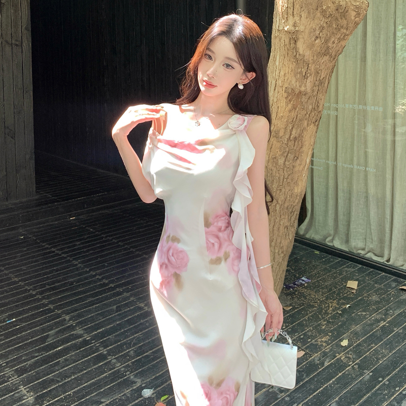 玉夏冰瑰溫柔純欲斜裁*蕩領修身性感顯瘦夏季連衣裙