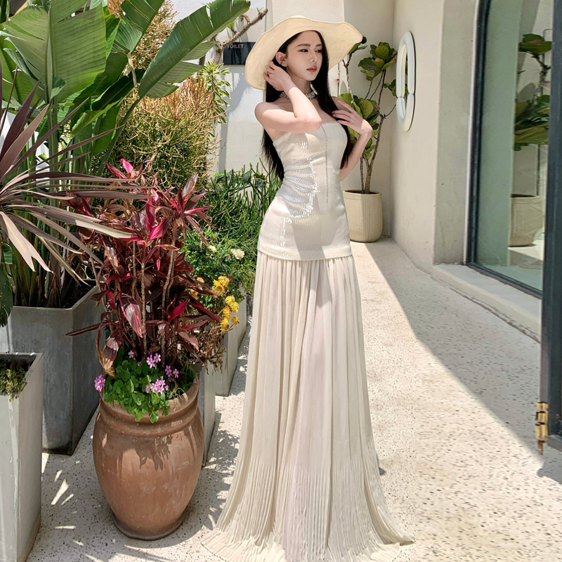 海邊度假長裙夏季高級感名媛拖地網紗裙抹胸亮片連衣裙女