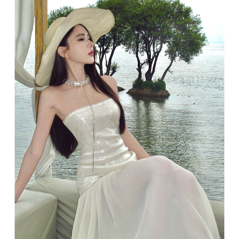 海邊度假長裙夏季高級感名媛拖地網紗裙抹胸亮片連衣裙女
