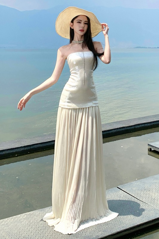 海邊度假長裙夏季高級感名媛拖地網紗裙抹胸亮片連衣裙女