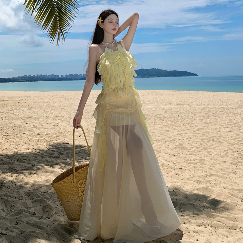 荷葉邊吊帶掛脖辣妹玫瑰半身裙甜辣夏季連衣裙兩件套裝