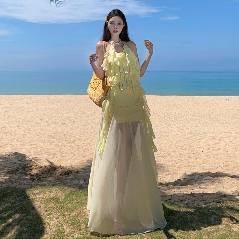 荷葉邊吊帶掛脖辣妹玫瑰半身裙甜辣夏季連衣裙兩件套裝