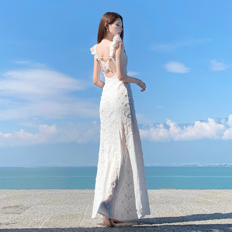 “流嵐花蔓枝”夏新奶油白法式蕾絲修身花朵連衣長裙