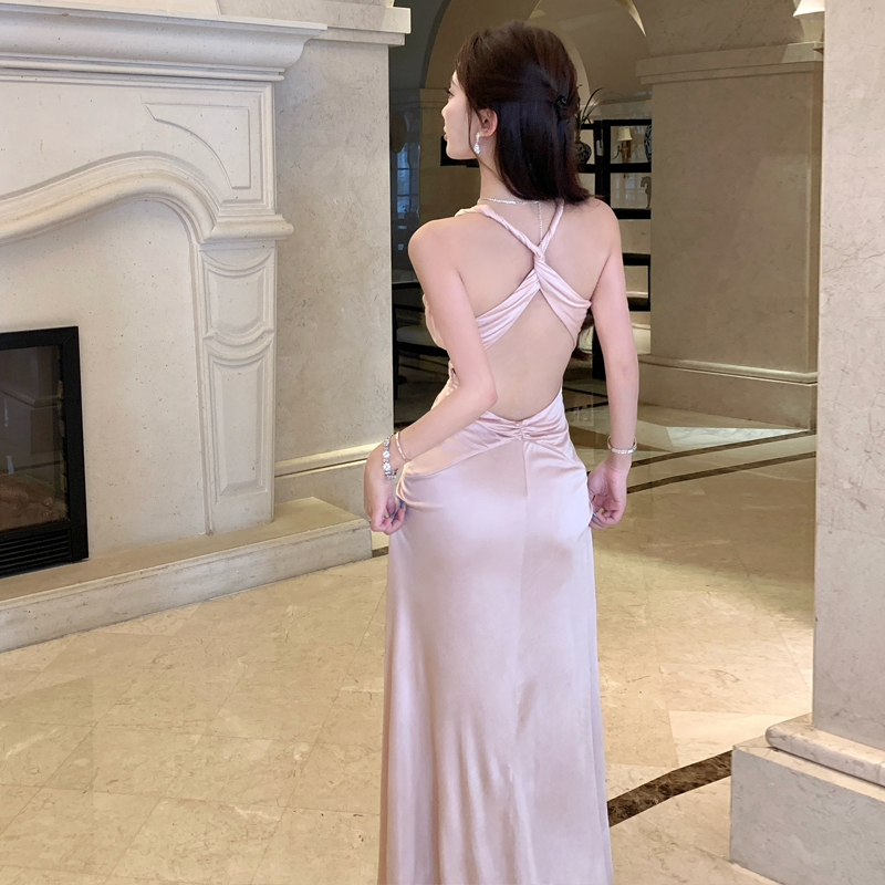 瑰影香檳粉可調節深V領禮服裙露背扭結連衣裙女