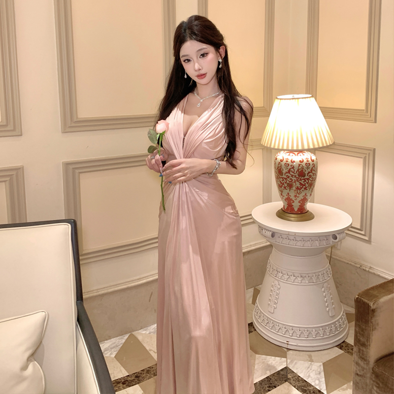 瑰影香檳粉可調節深V領禮服裙露背扭結連衣裙女