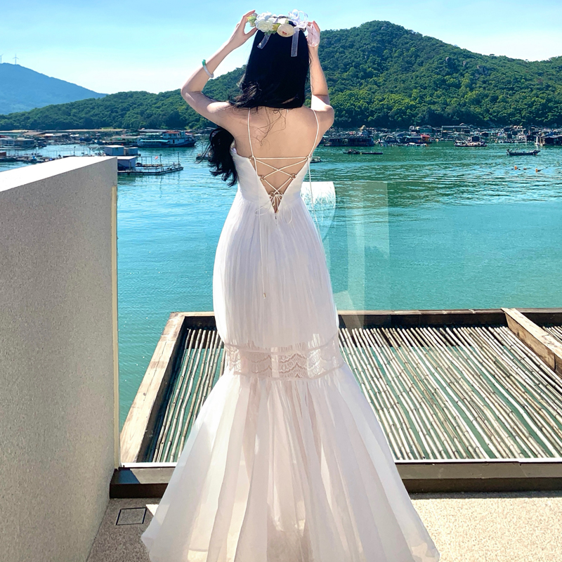 重工壓褶吊帶連衣裙飄逸晨袍日常輕禮服