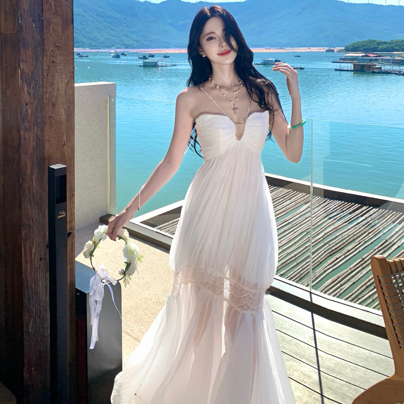 重工壓褶吊帶連衣裙飄逸晨袍日常輕禮服