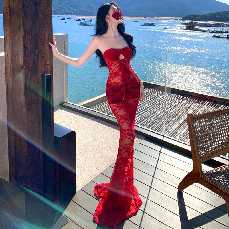歐美風辣妹連體裙蕾絲抹胸綁帶露背性感海邊度假長裙生日裙