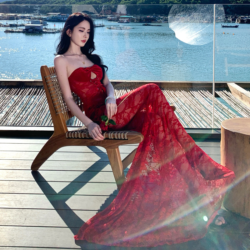 歐美風辣妹連體裙蕾絲抹胸綁帶露背性感海邊度假長裙生日裙