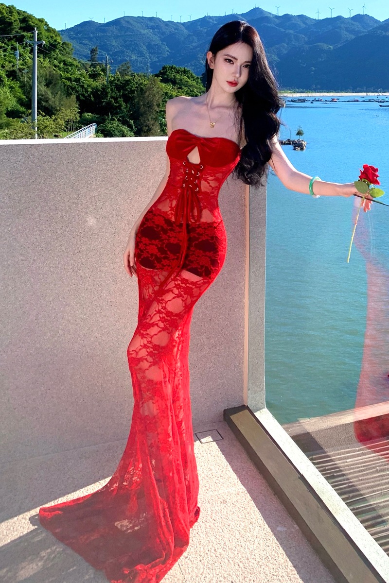 歐美風辣妹連體裙蕾絲抹胸綁帶露背性感海邊度假長裙生日裙