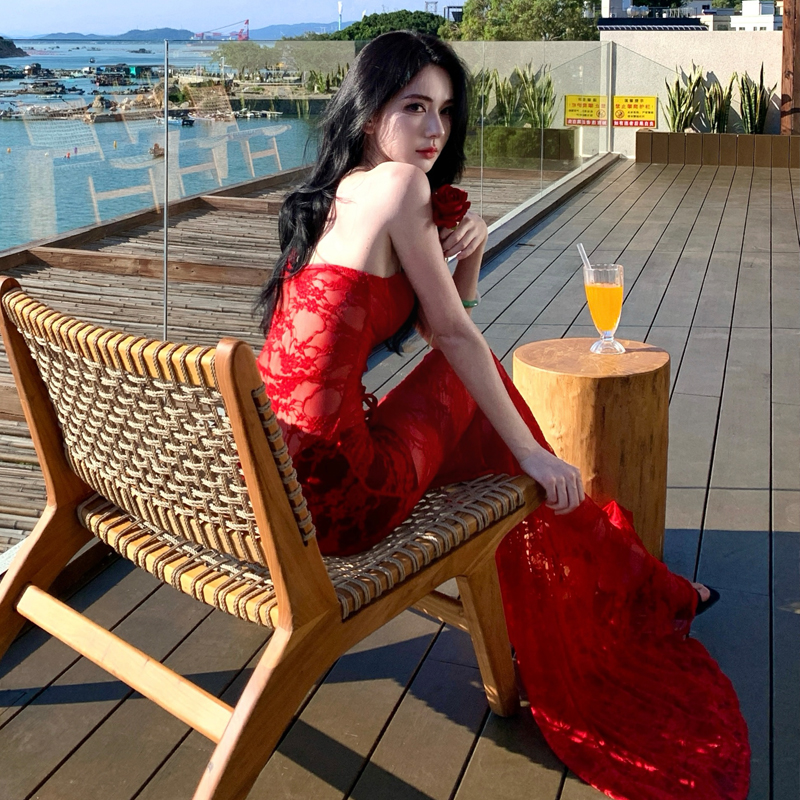 歐美風辣妹連體裙蕾絲抹胸綁帶露背性感海邊度假長裙生日裙