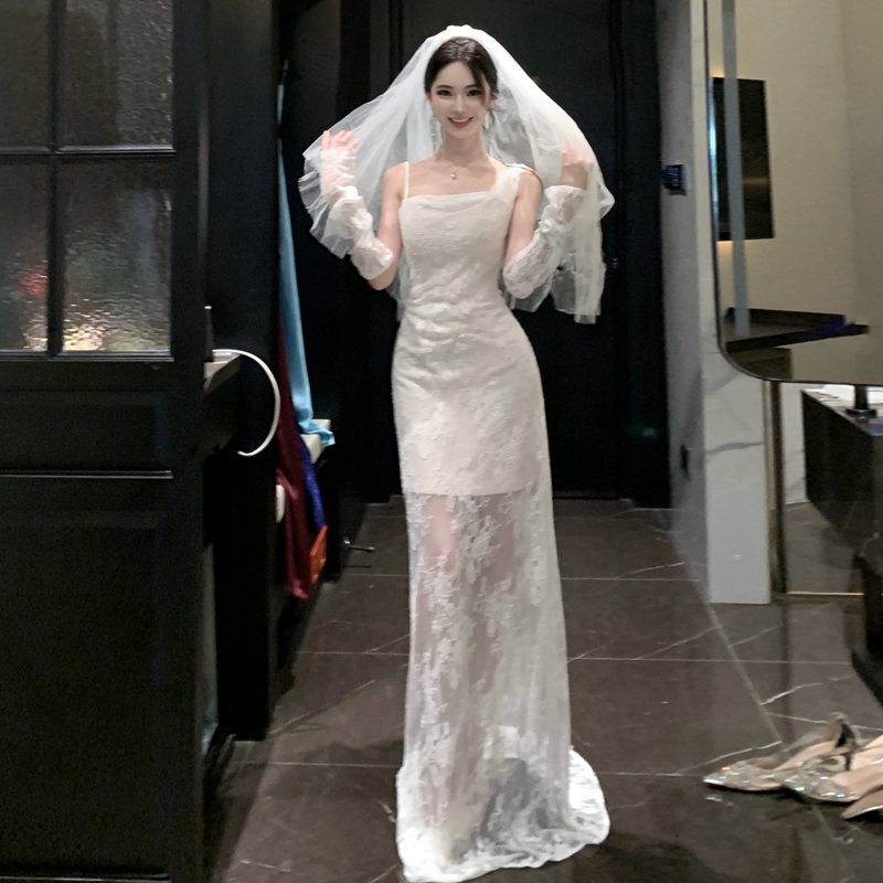 西太后輕婚紗復古蕾絲森系吊帶新娘晨袍女訂婚宴會禮服魚尾出門紗